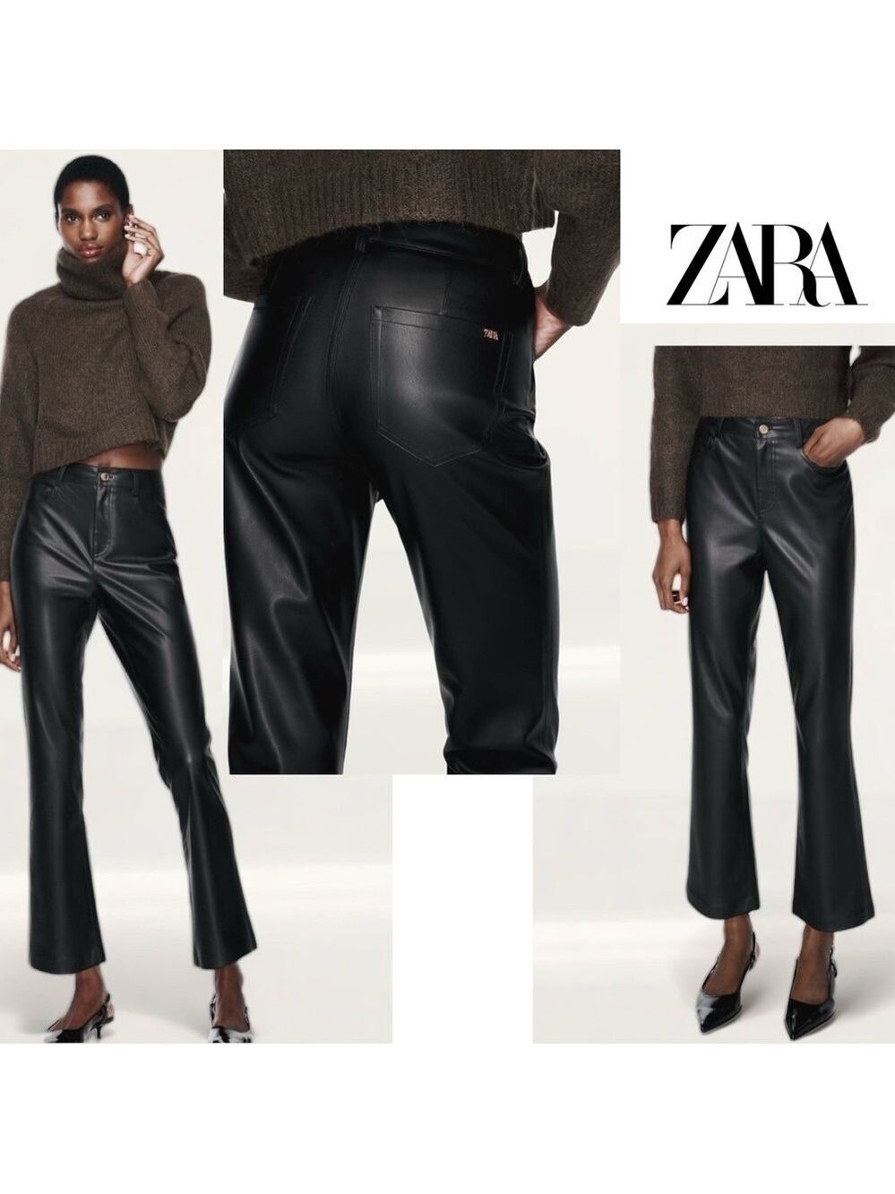 Zara Black Faux Leather Pleather Vegan Cropped Mini Flare Trousers pants 4 NWOT